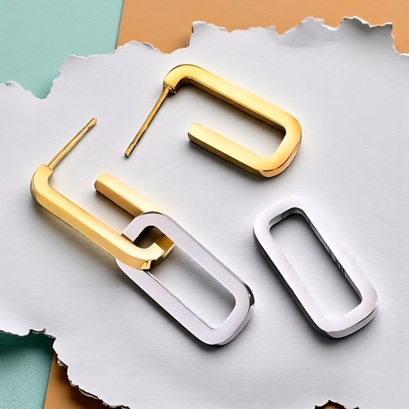 Minimalist Chic Two Tone C Hoop Earrings 18K Gold Plated Stainless Steel - Picture 7 of 12